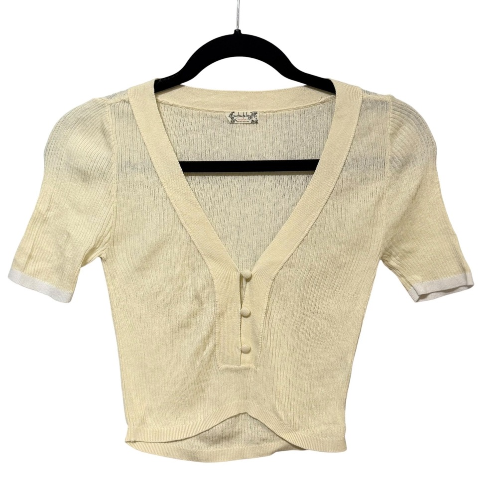 Intimately Free People Cream Ribbed Knit V-Neck Button Crop Top XS Ivory
